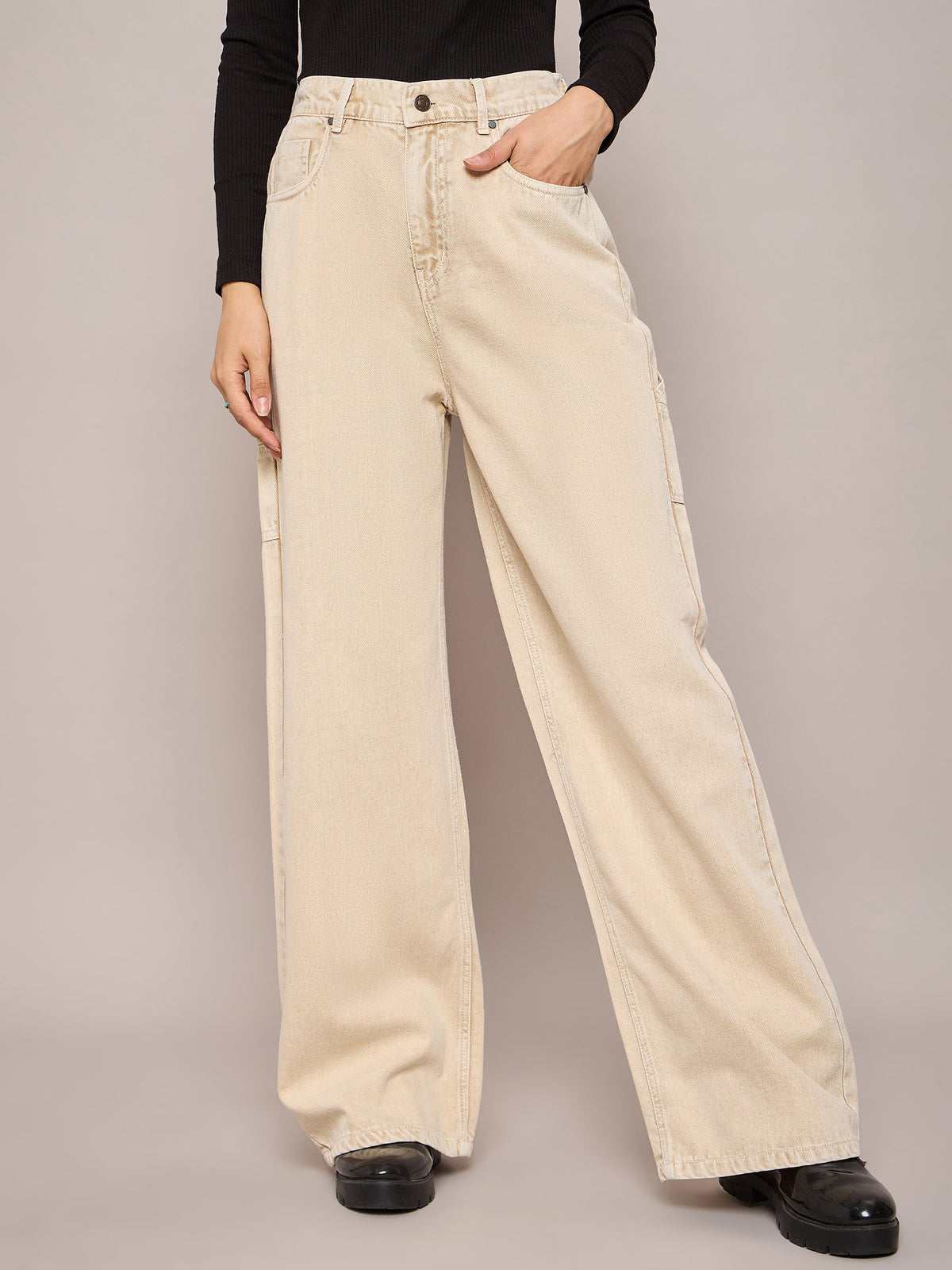 Beige Elasticated High Waist Back Pocket Jeans-SASSAFRAS BASICS