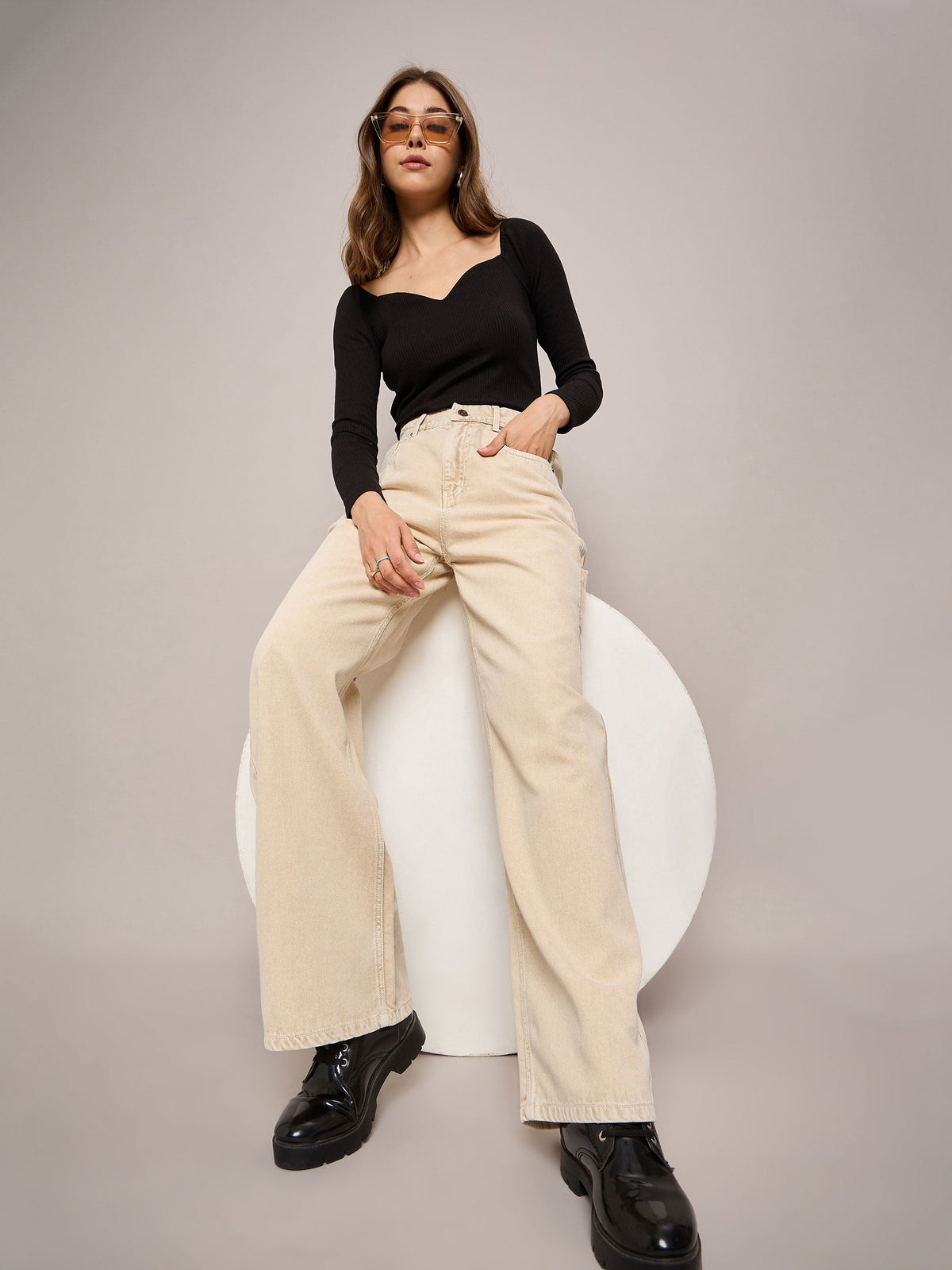 Beige Elasticated High Waist Back Pocket Jeans-SASSAFRAS BASICS