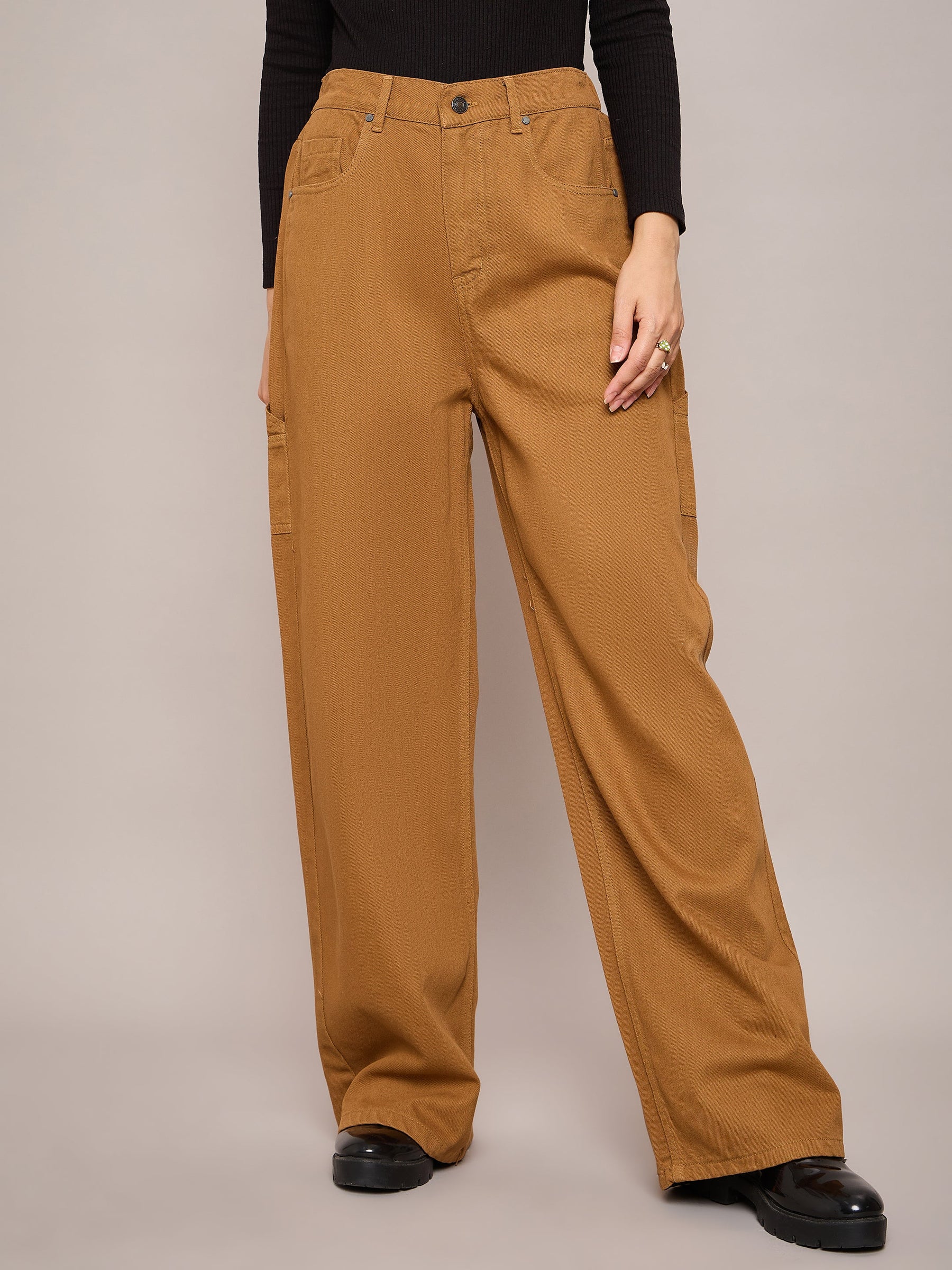 Brown Elasticated High Waist Back Pocket Jeans-SASSAFRAS BASICS