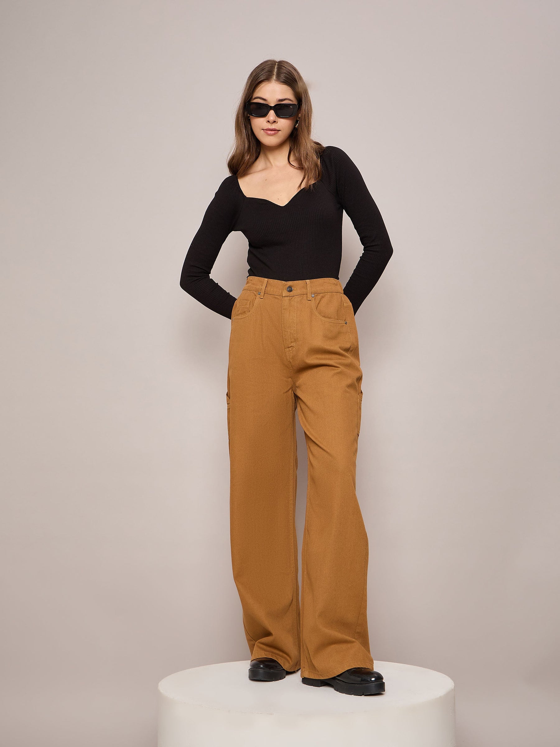 Brown Elasticated High Waist Back Pocket Jeans-SASSAFRAS BASICS