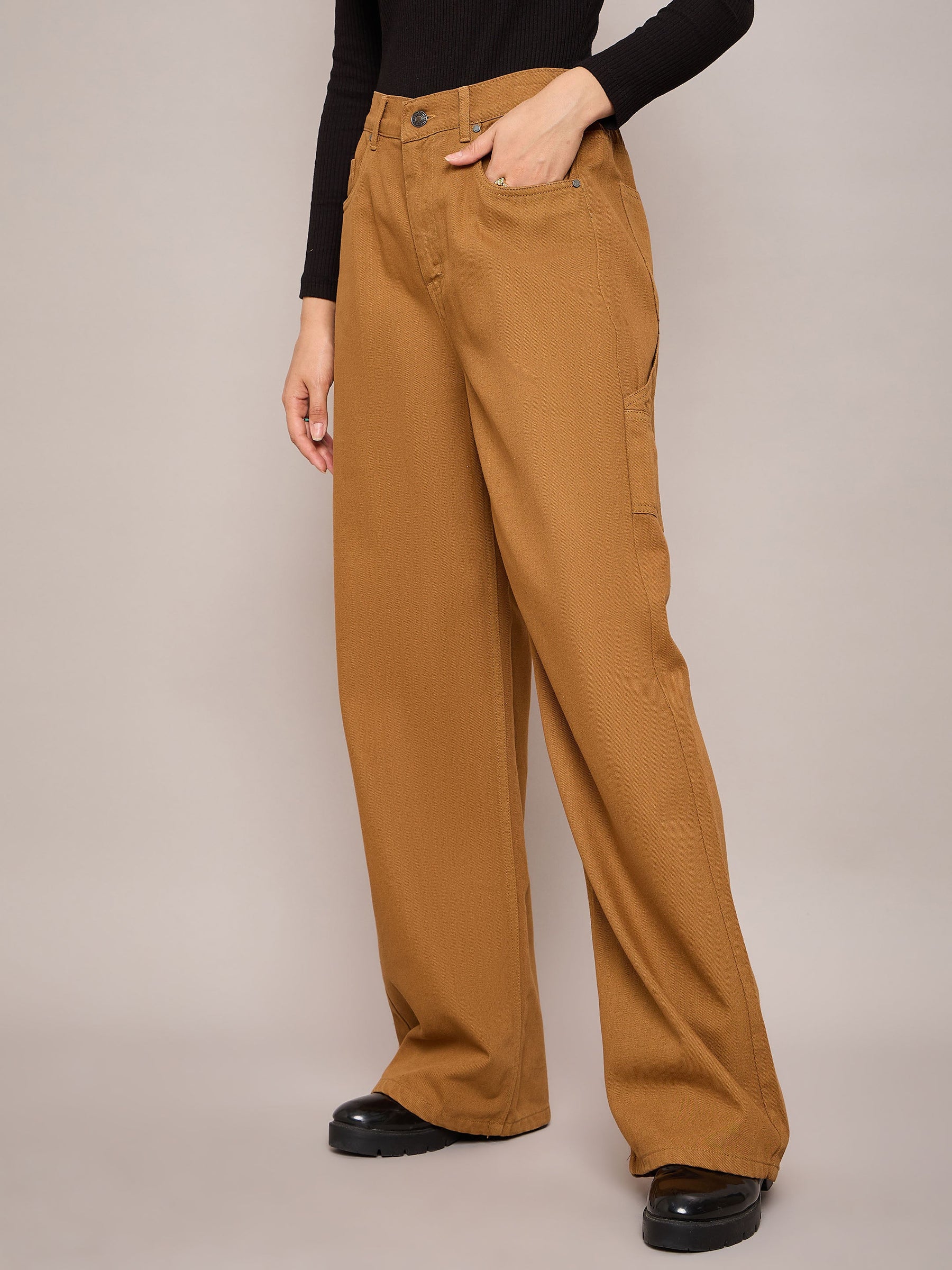 Brown Elasticated High Waist Back Pocket Jeans-SASSAFRAS BASICS