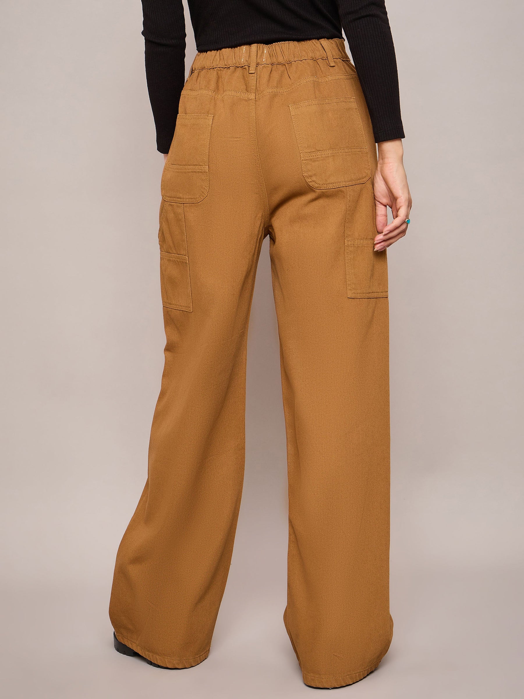 Brown Elasticated High Waist Back Pocket Jeans-SASSAFRAS BASICS