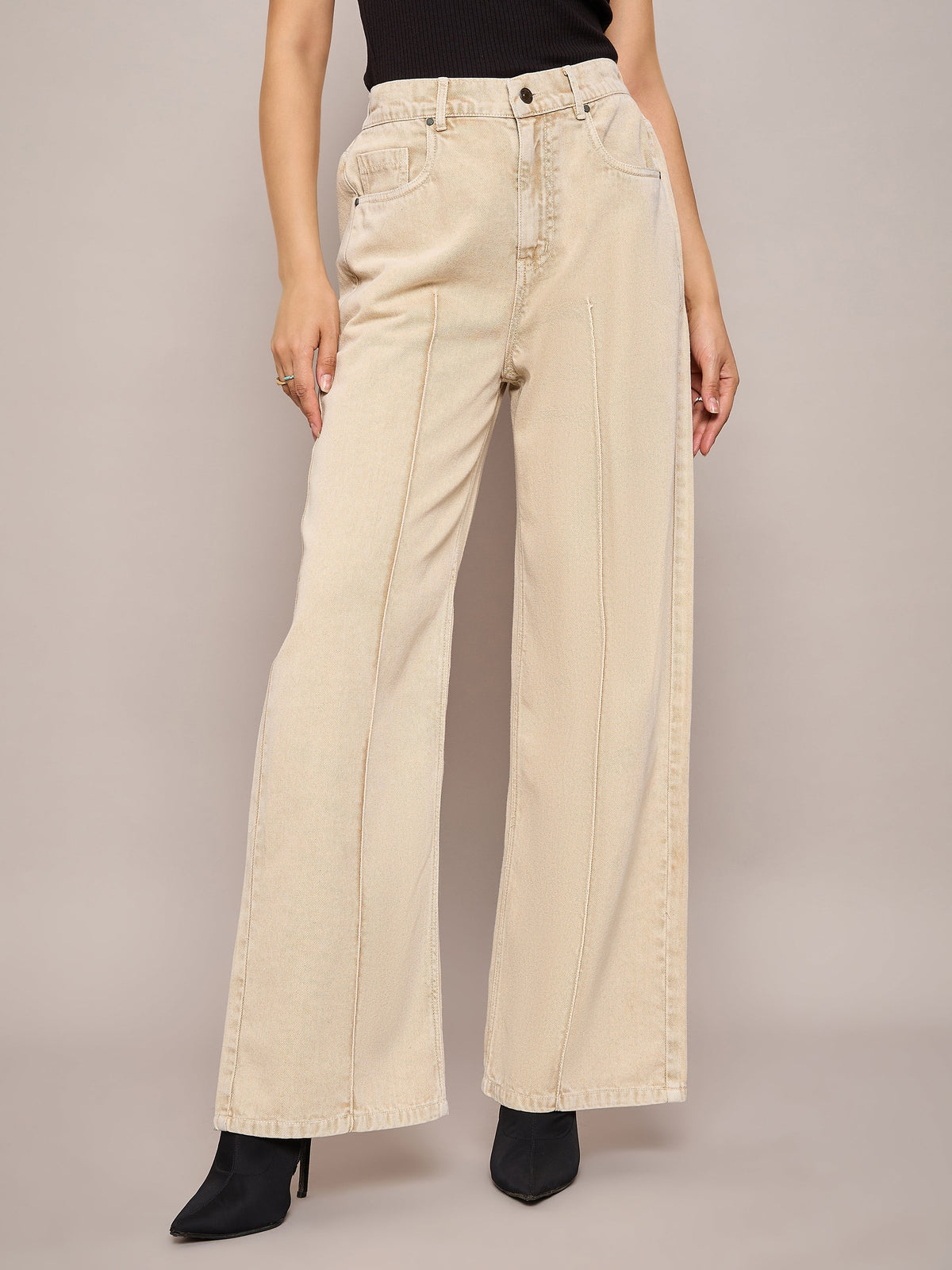 Beige Waist Front Dart Straight Jeans-SASSAFRAS BASICS