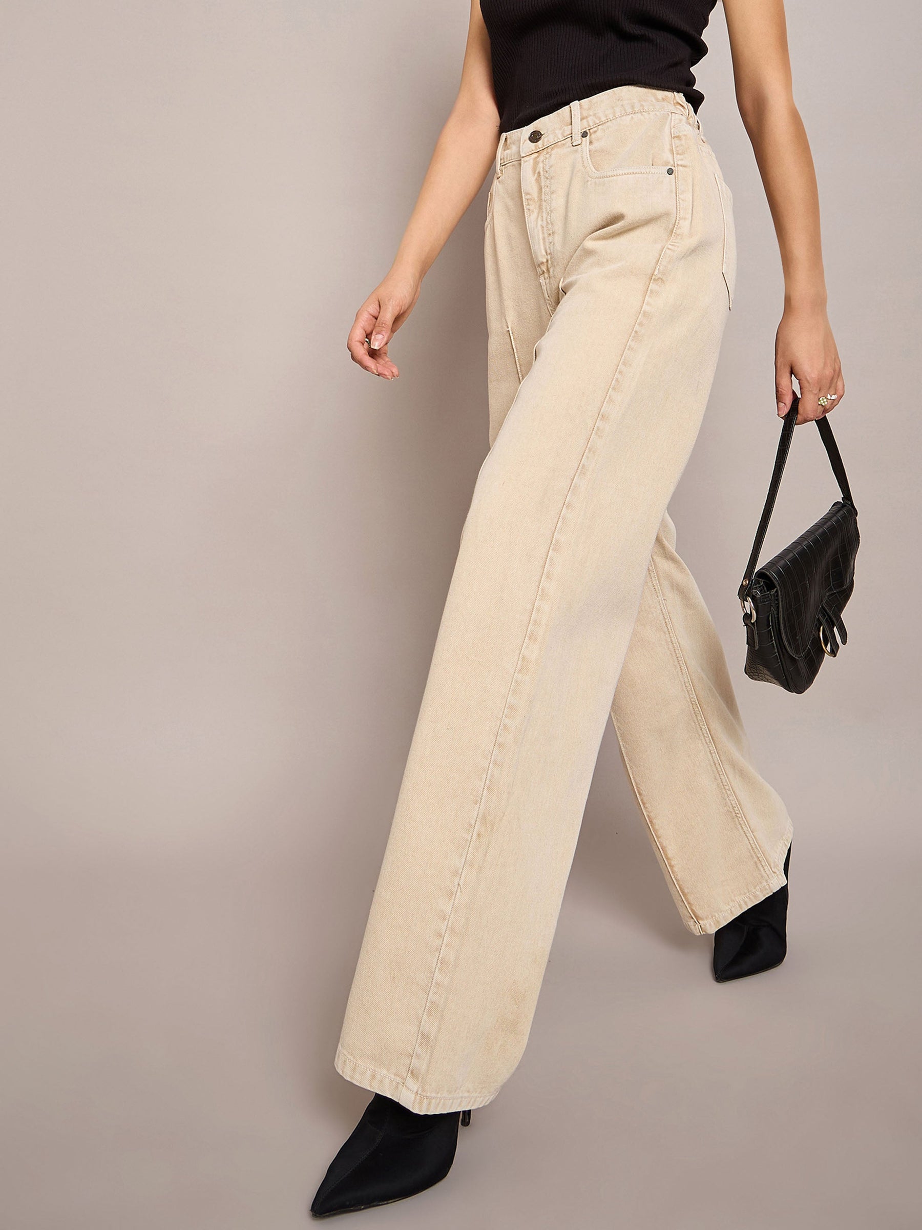 Beige Waist Front Dart Straight Jeans-SASSAFRAS BASICS