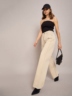 Beige Waist Front Dart Straight Jeans-SASSAFRAS BASICS