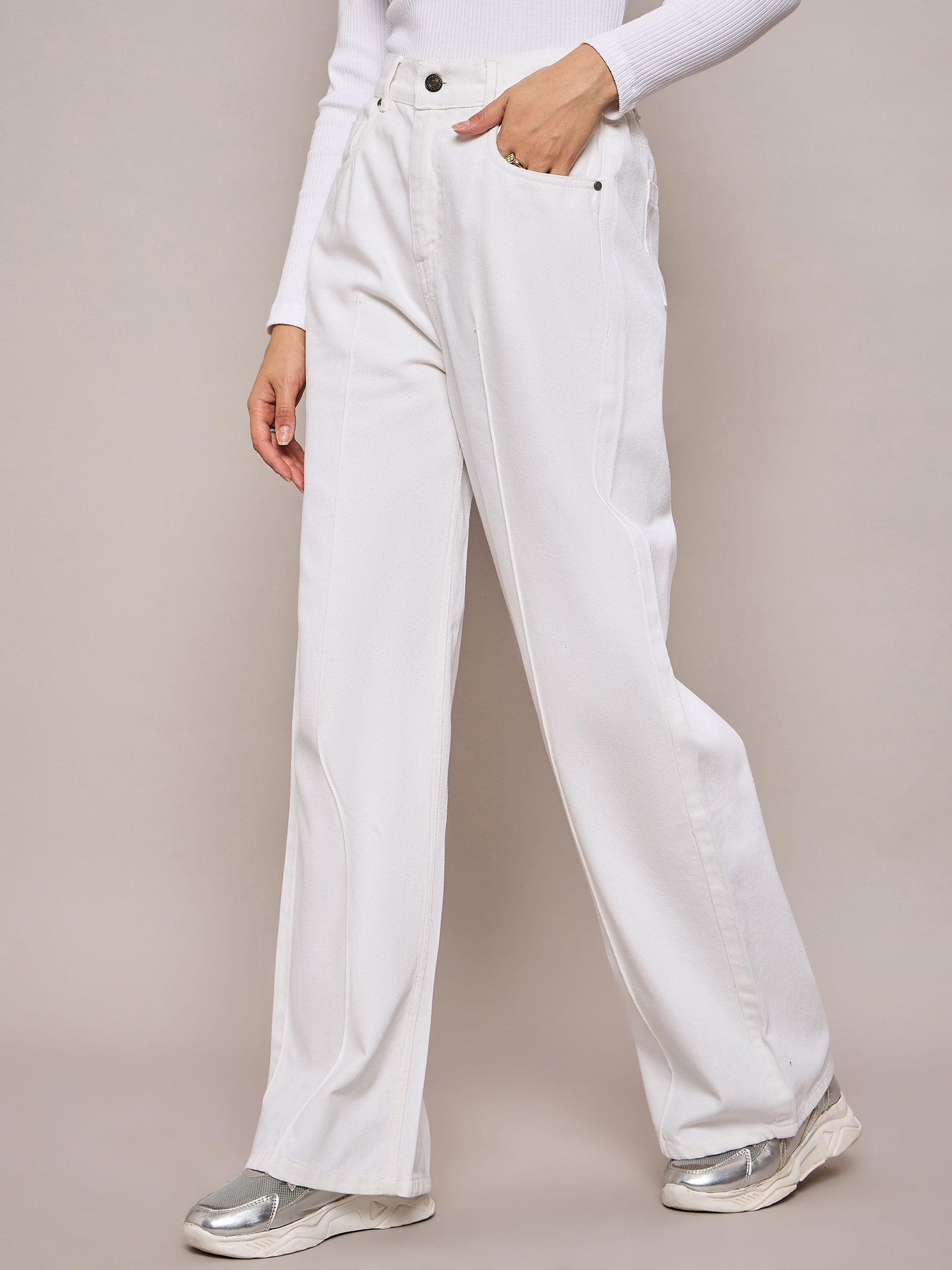 White High Waist Front Dart Straight Jeans-SASSAFRAS BASICS