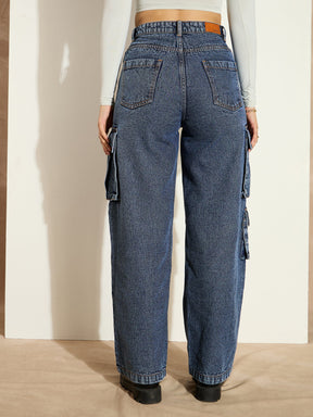 Blue Washed Denim Cargo Jeans-SASSAFRAS