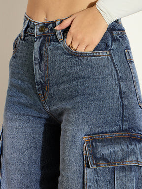 Blue Washed Denim Cargo Jeans-SASSAFRAS