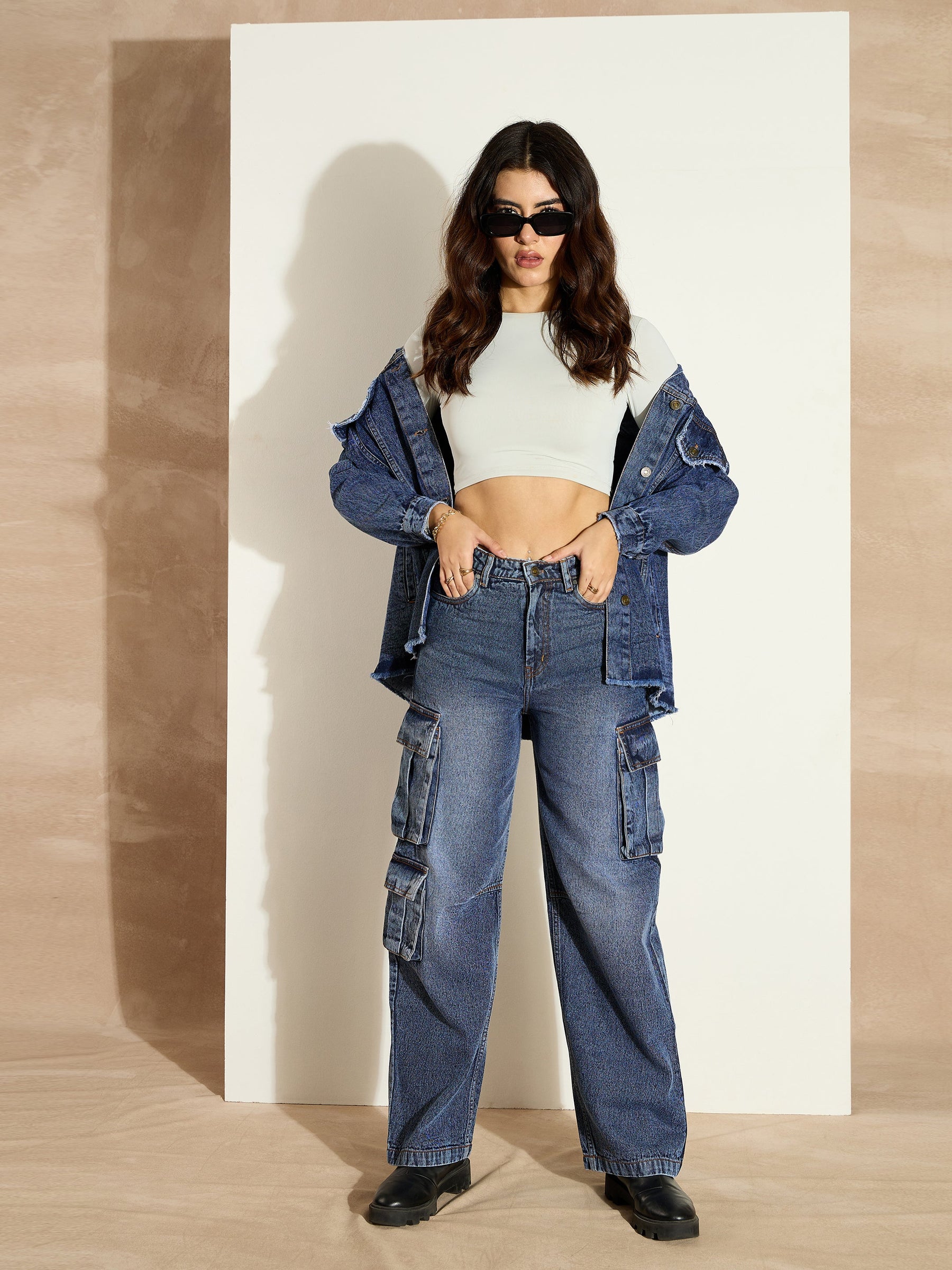 Blue Washed Denim Cargo Jeans-SASSAFRAS