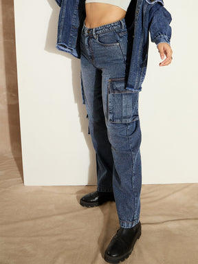 Blue Washed Denim Cargo Jeans-SASSAFRAS