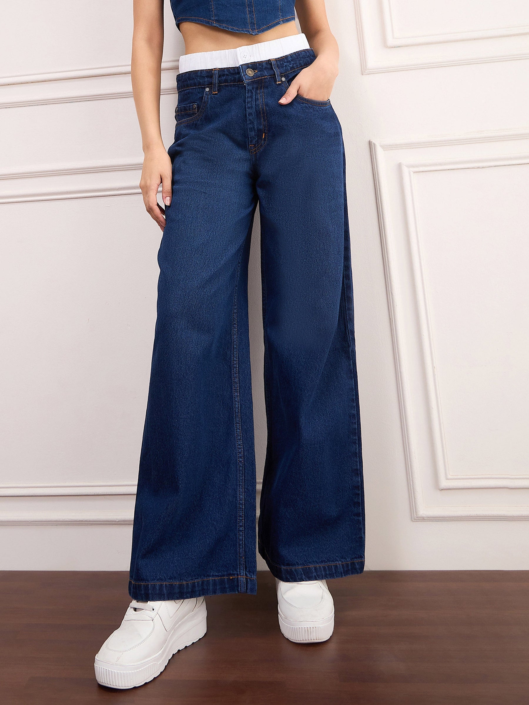 Navy Blue Double Waistband Jeans-SASSAFRAS