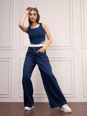 Navy Blue Double Waistband Jeans-SASSAFRAS