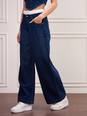 Navy Blue Double Waistband Jeans-SASSAFRAS