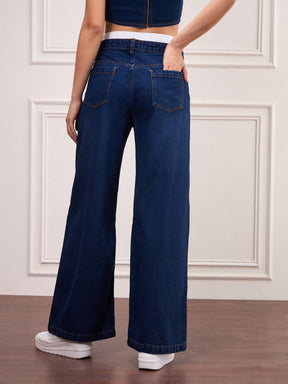 Navy Blue Double Waistband Jeans-SASSAFRAS