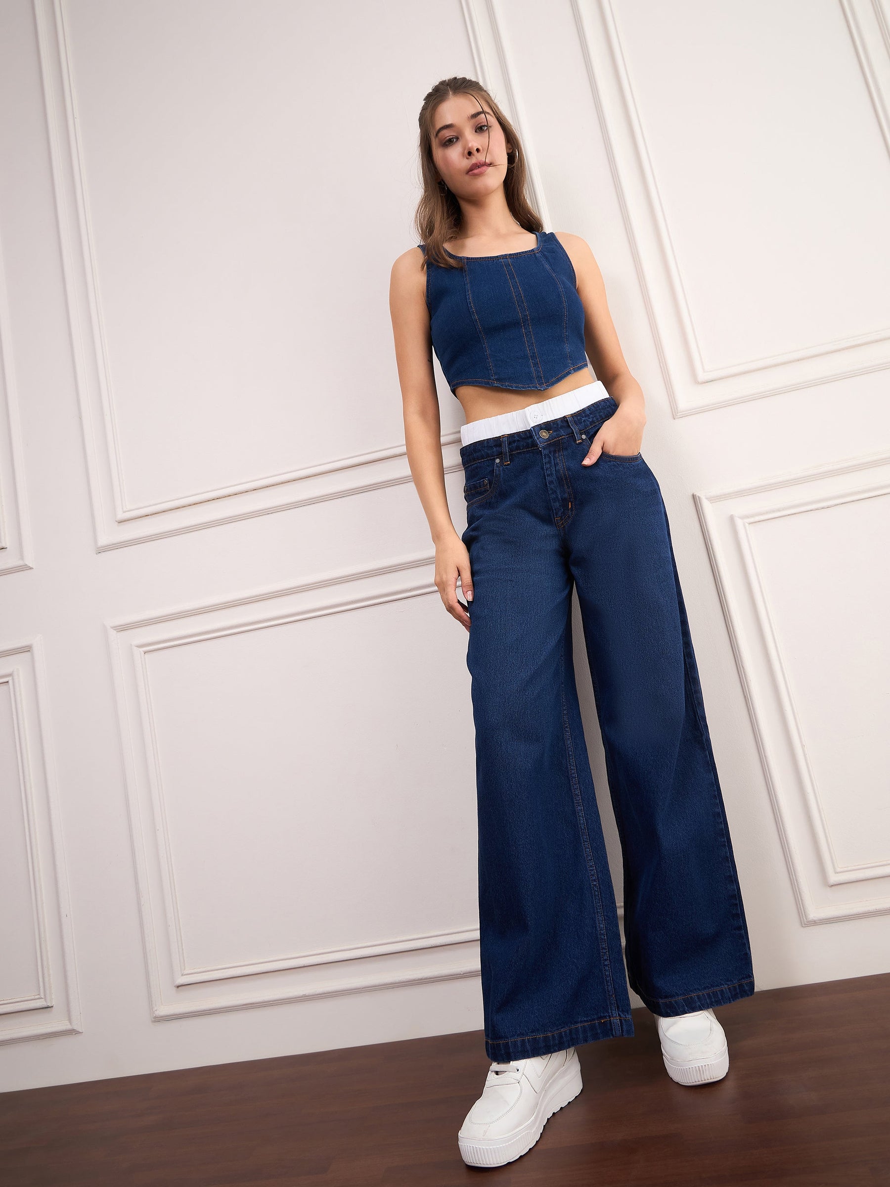 Navy Blue Double Waistband Jeans-SASSAFRAS