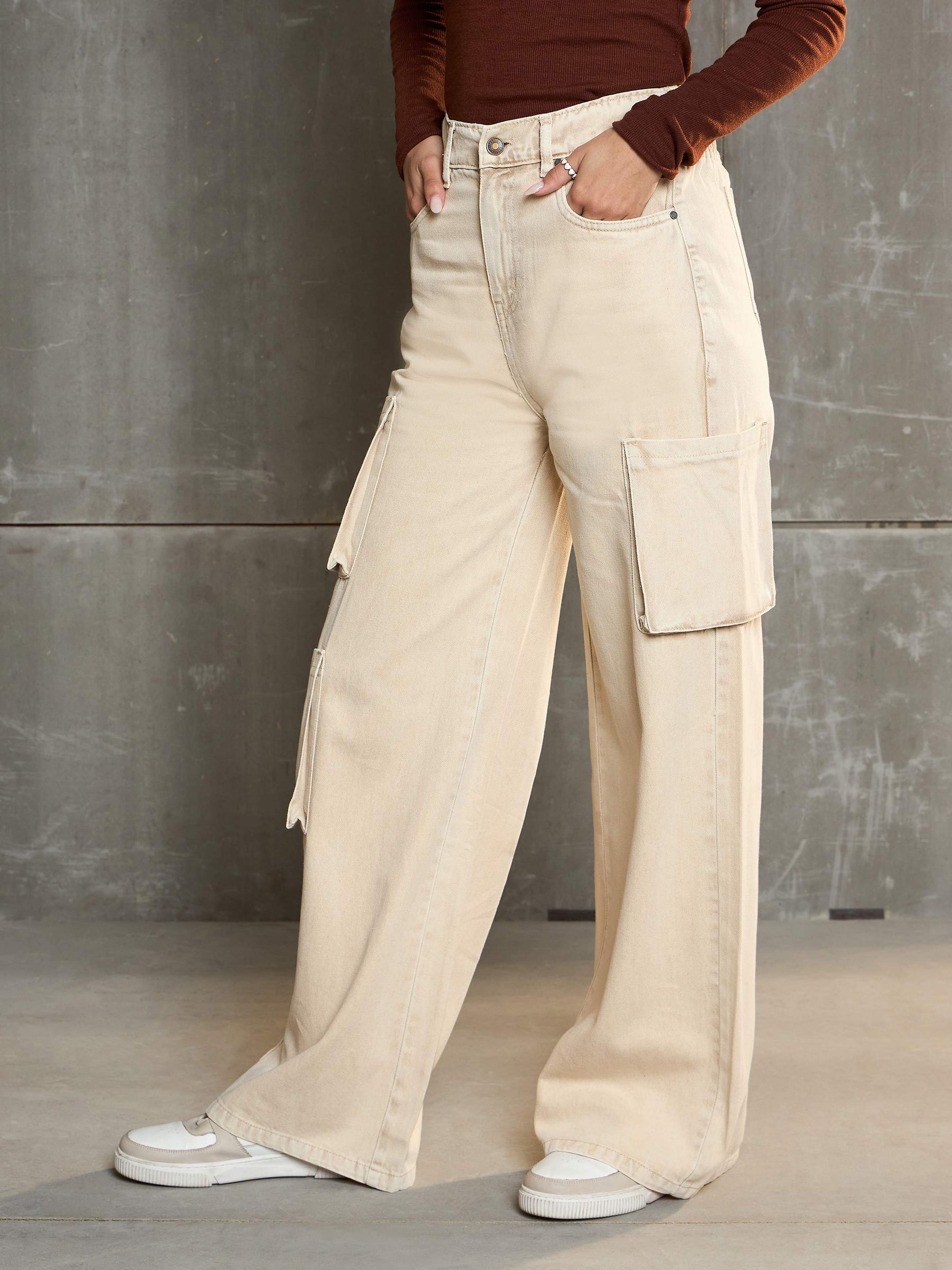 Beige Box Pocket Straight Premium Jeans-SASSAFRAS