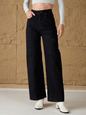 Black Denim Premium Front Detail Straight Jeans-SASSAFRAS