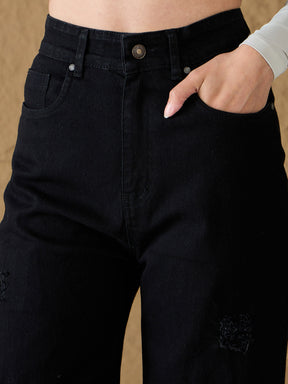 Black Denim Premium Front Detail Straight Jeans-SASSAFRAS