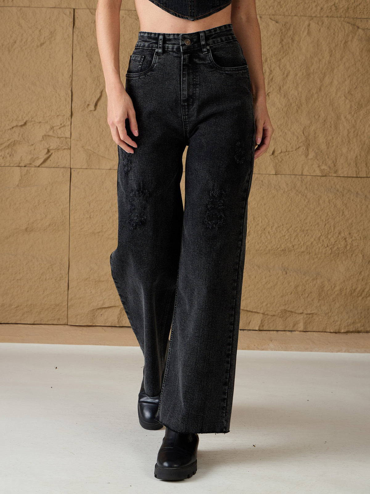 Black Washed Denim Premium Front Detail Straight Jeans-SASSAFRAS