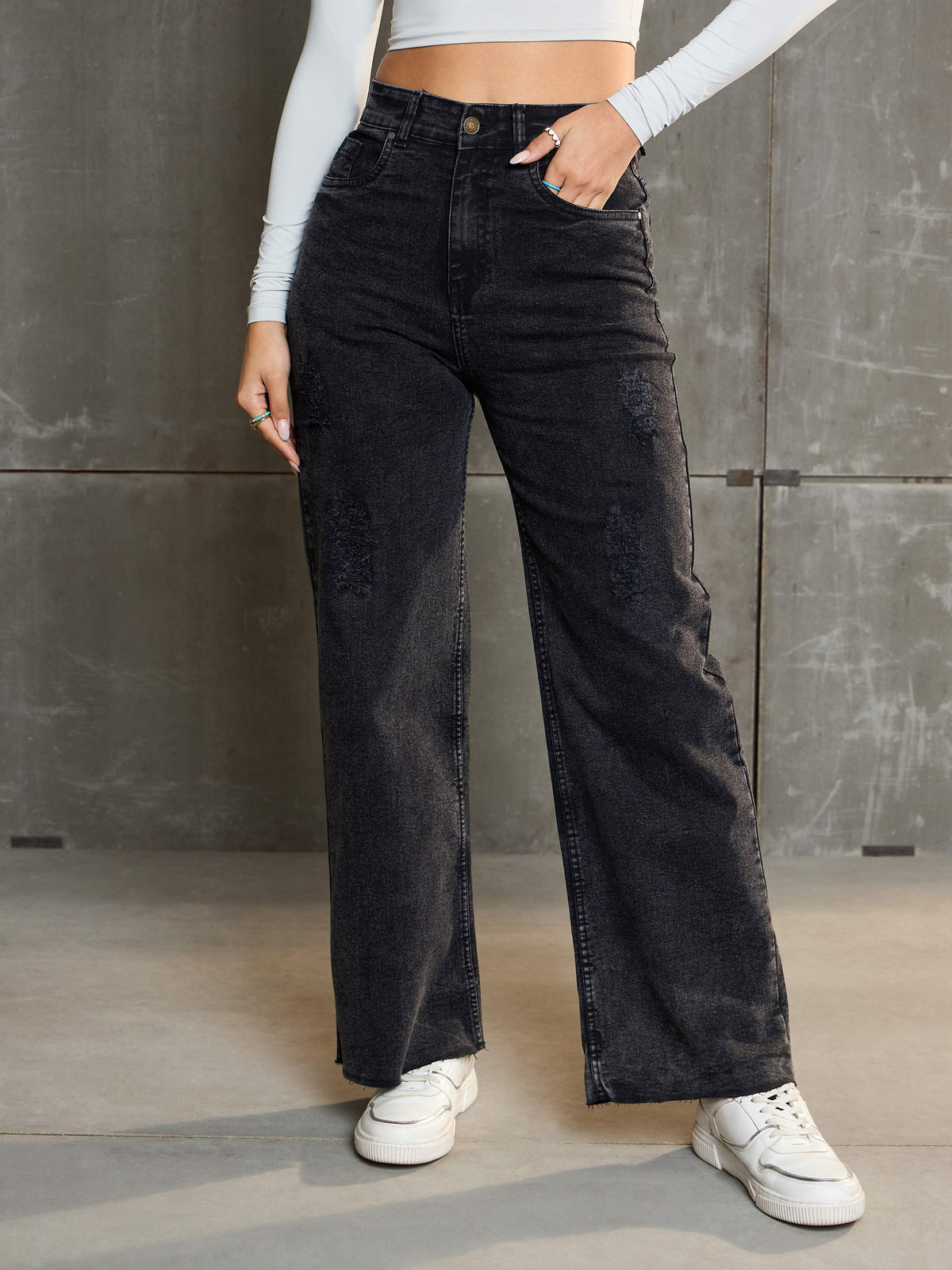Black Washed Denim Premium Front Detail Straight Jeans-SASSAFRAS