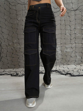 Black Cargo Straight Jeans -SASSAFRAS