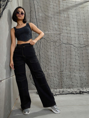 Black Cargo Straight Jeans -SASSAFRAS