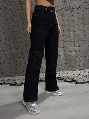 Black Cargo Straight Jeans -SASSAFRAS