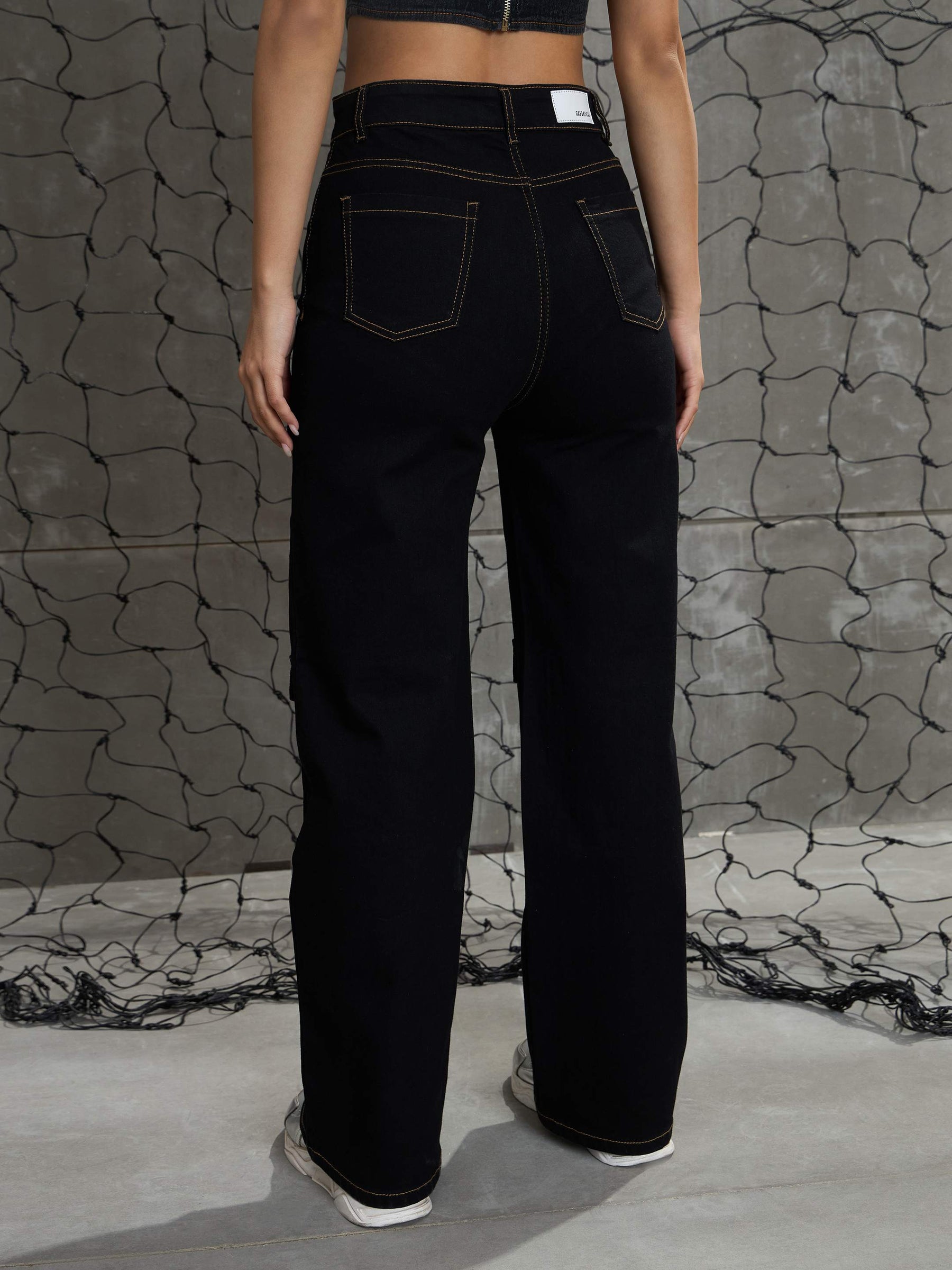 Black Cargo Straight Jeans -SASSAFRAS