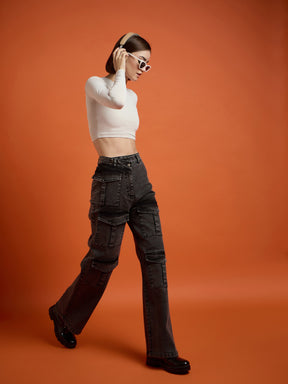 Black Washed Cargo Straight Jeans -SASSAFRAS