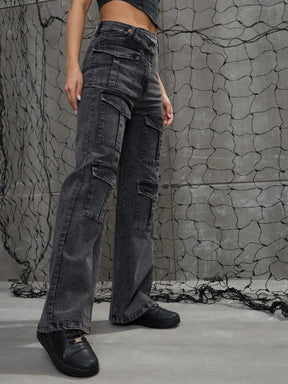 Black Washed Cargo Straight Jeans -SASSAFRAS