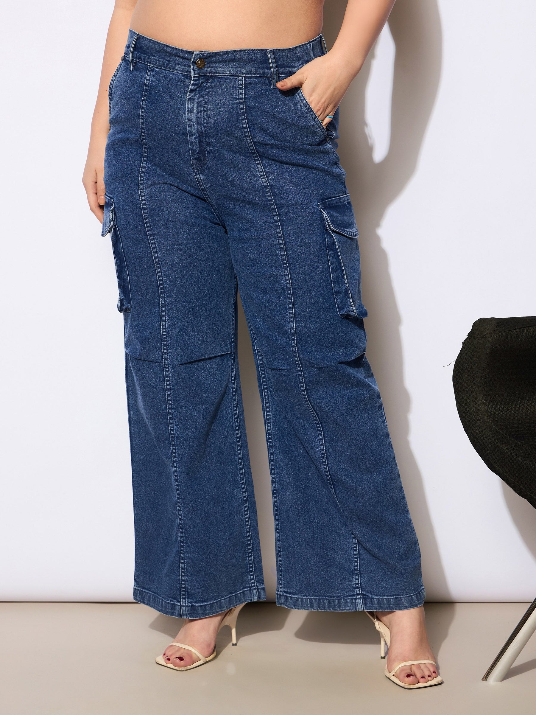 Navy Denim Front Seam Side Pockets Straight Jeans -SASSAFRAS Curve