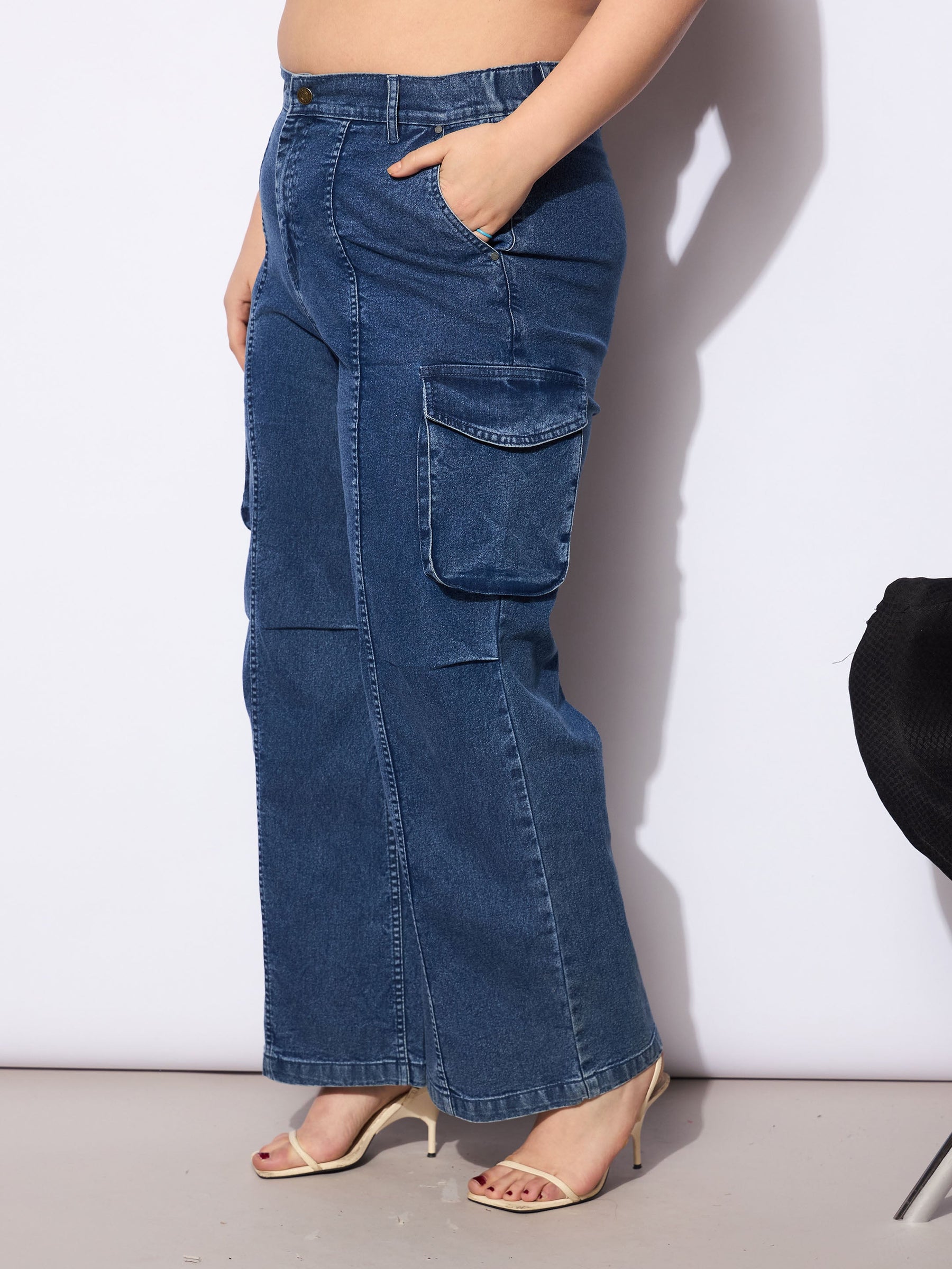 Navy Denim Front Seam Side Pockets Straight Jeans -SASSAFRAS Curve