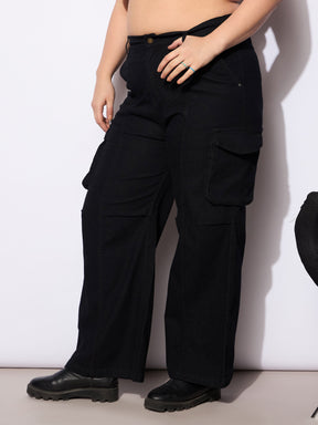 Black Denim Front Seam Side Pockets Straight Jeans-SASSAFRAS Curve