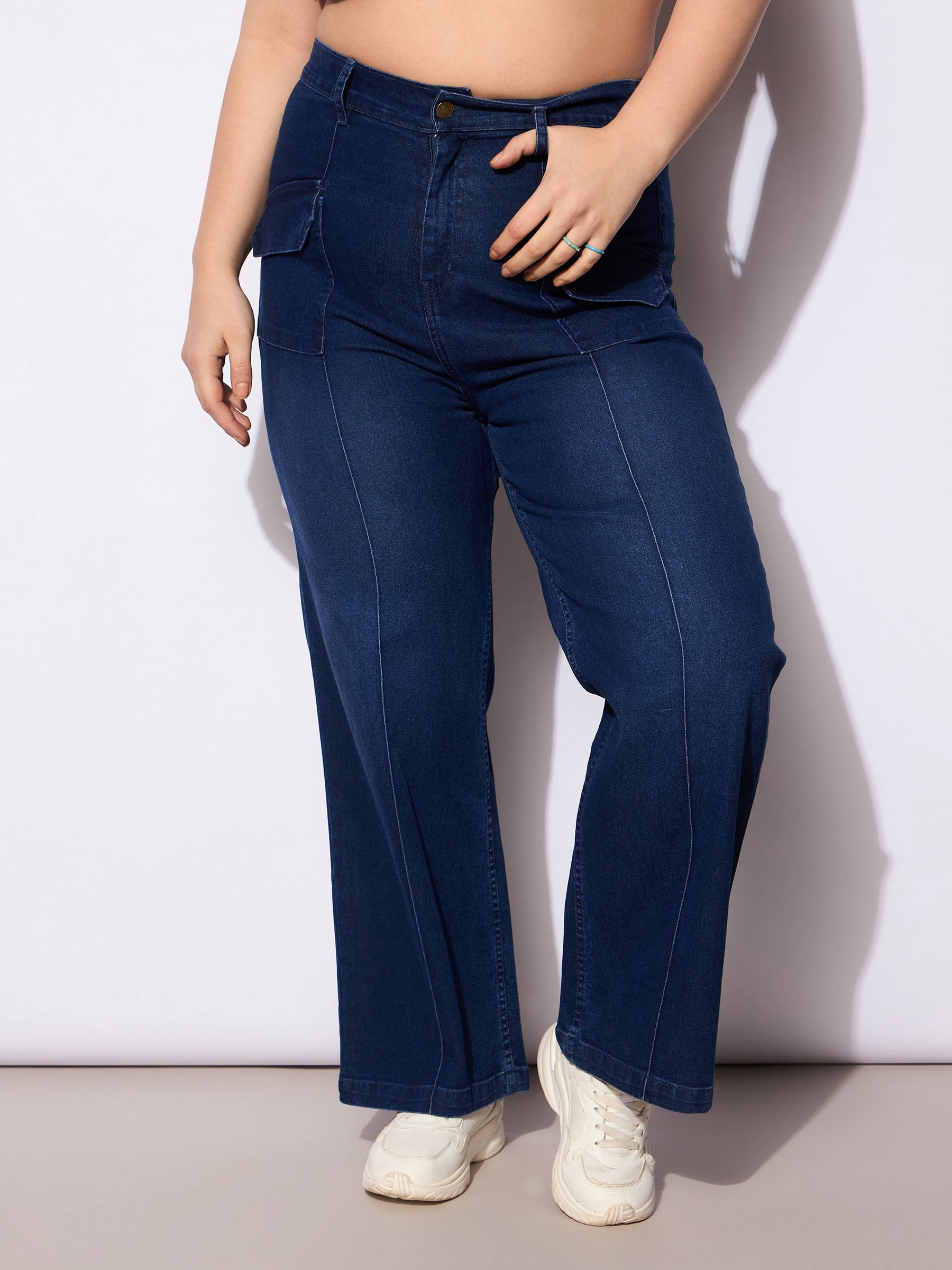 Blue Denim Front Seam Detail Straight Jeans-SASSAFRAS Curve