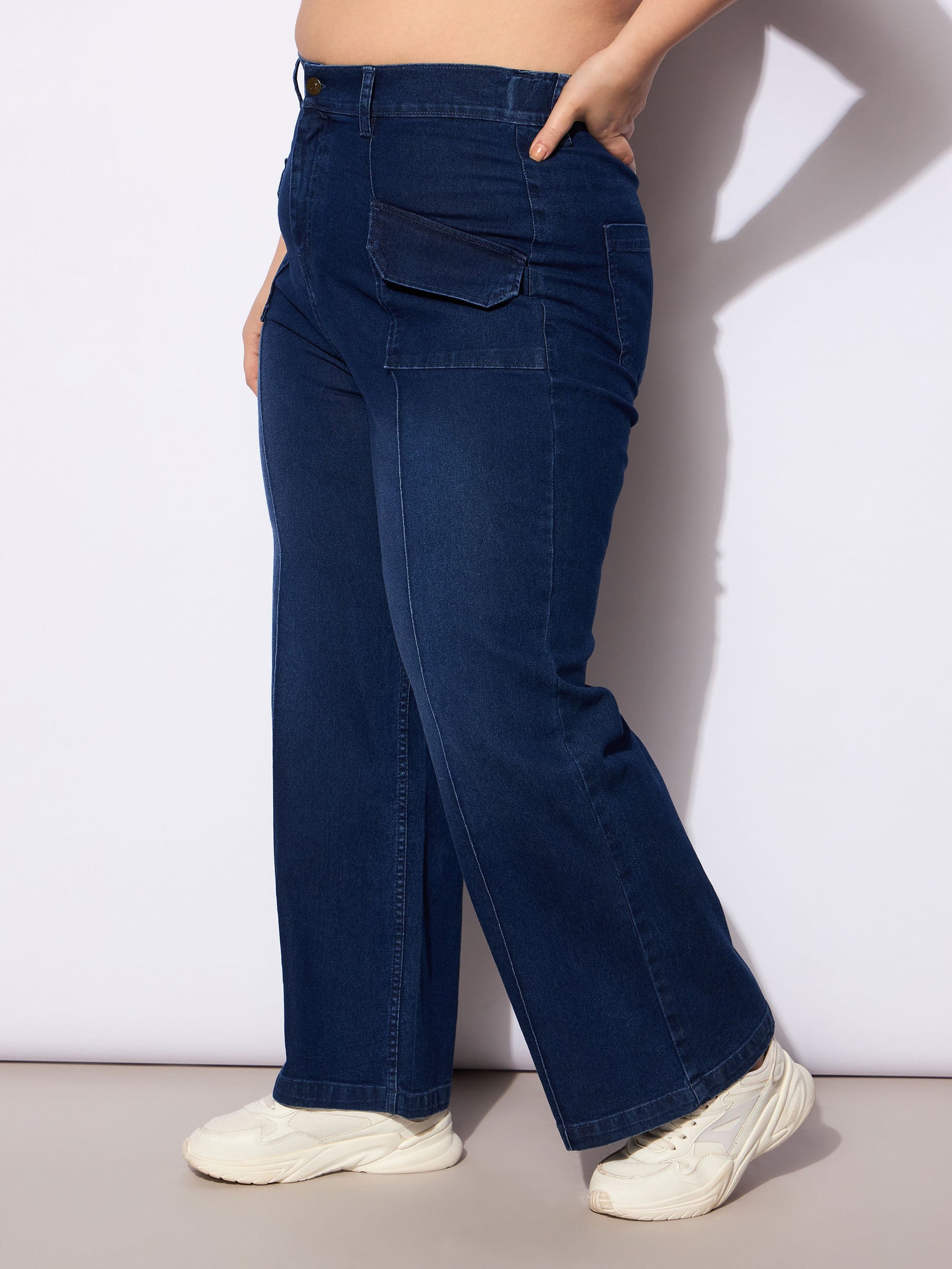 Blue Denim Front Seam Detail Straight Jeans-SASSAFRAS Curve