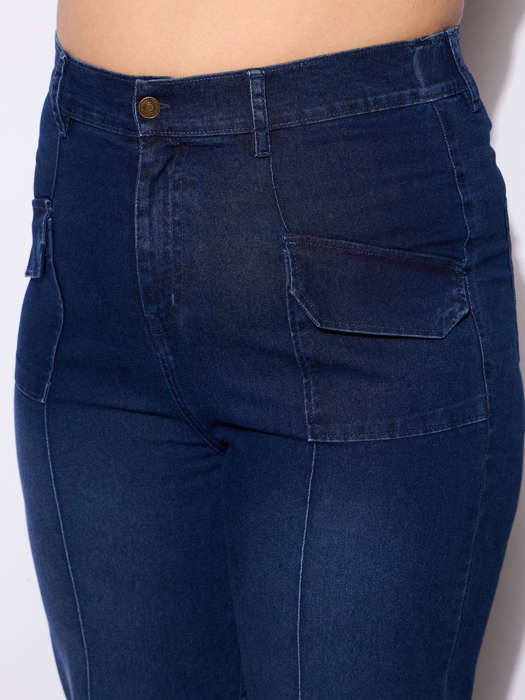 Blue Denim Front Seam Detail Straight Jeans-SASSAFRAS Curve