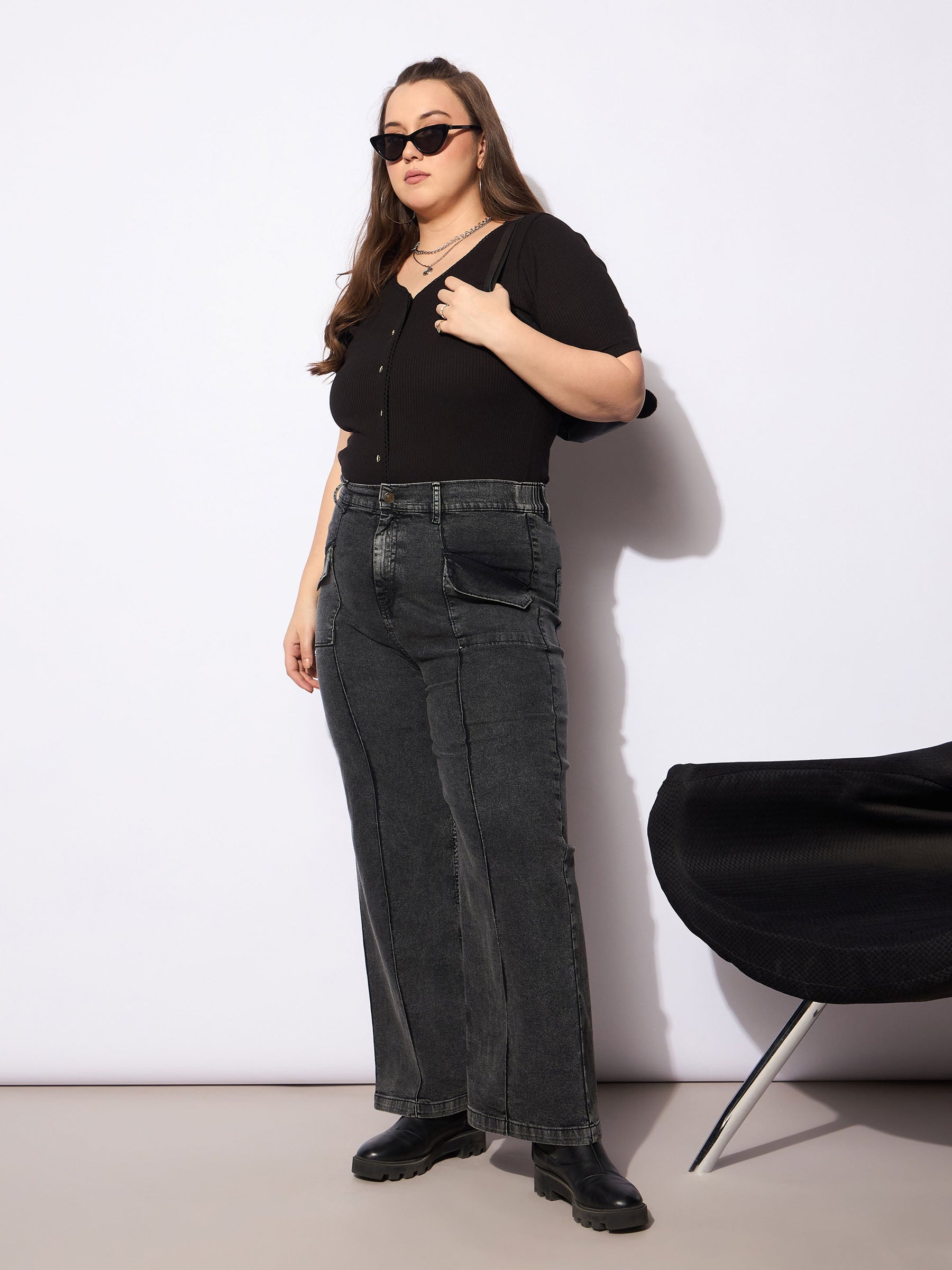 Black Denim Front Seam Detail Straight Jeans -SASSAFRAS Curve