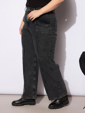 Black Denim Front Seam Detail Straight Jeans -SASSAFRAS Curve