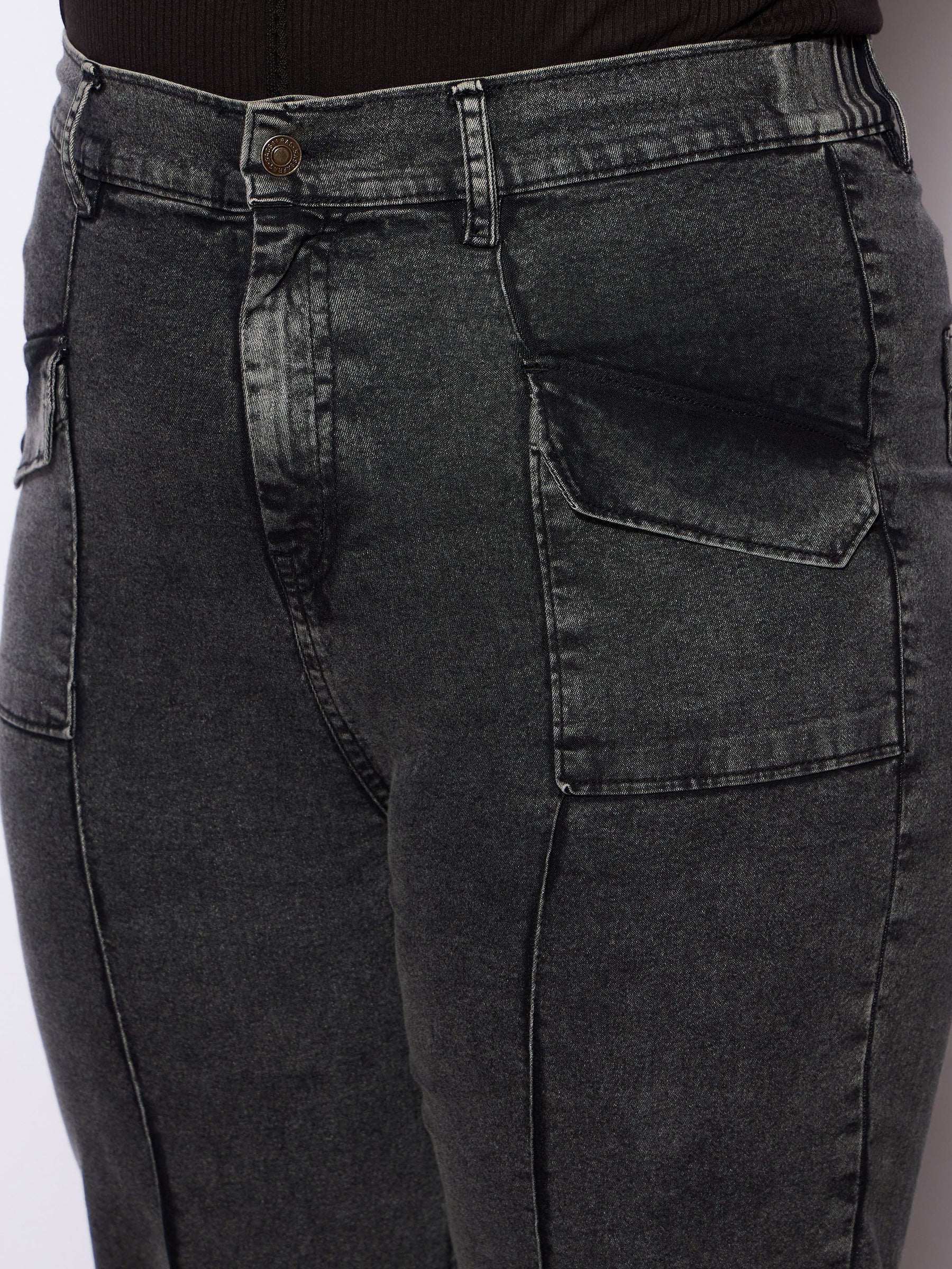 Black Denim Front Seam Detail Straight Jeans -SASSAFRAS Curve