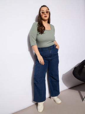 Navy Denim Side Pockets Straight Jeans-SASSAFRAS Curve