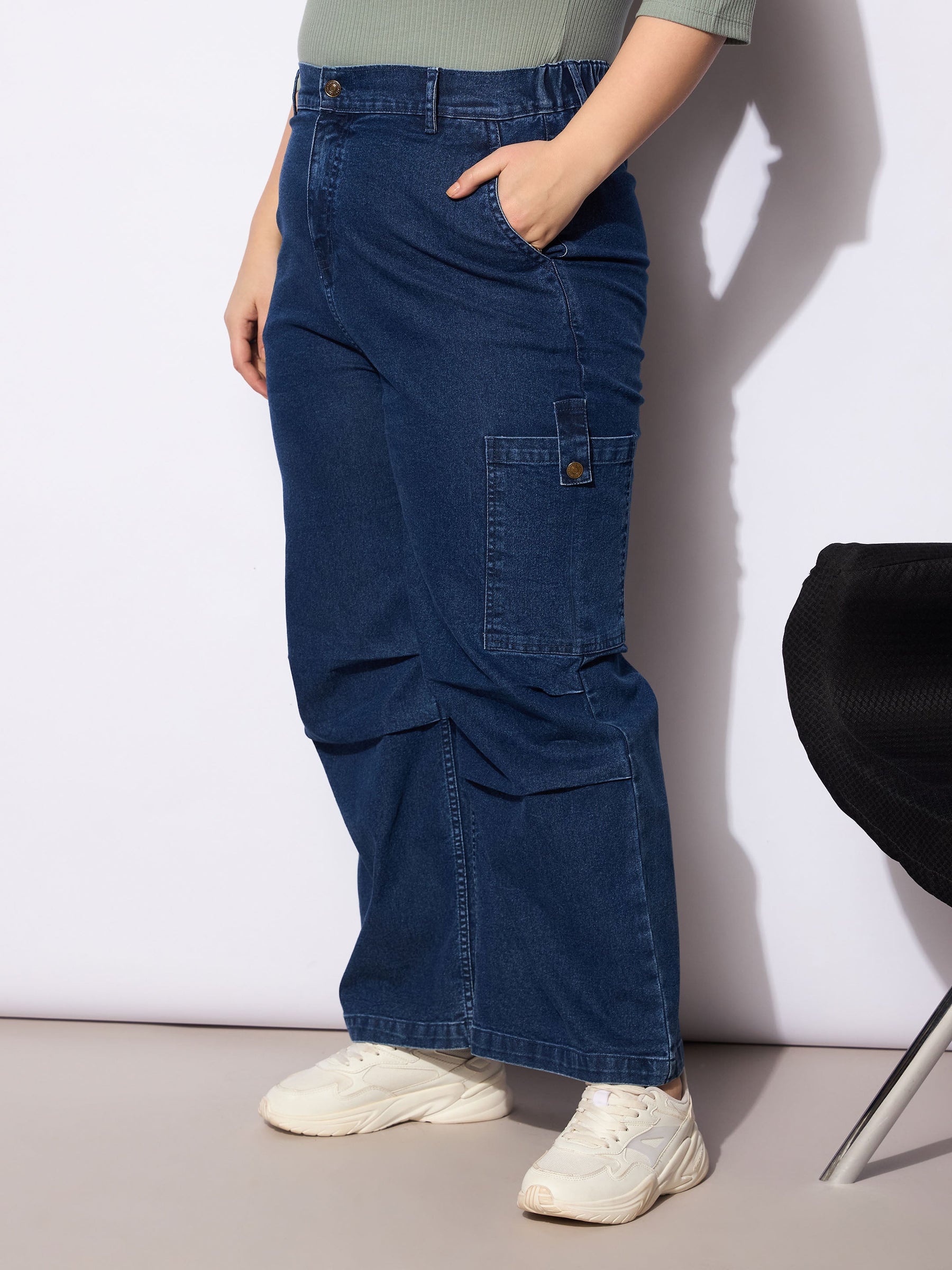 Navy Denim Side Pockets Straight Jeans-SASSAFRAS Curve