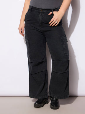 Black Denim Side Pockets Straight Jeans -SASSAFRAS Curve