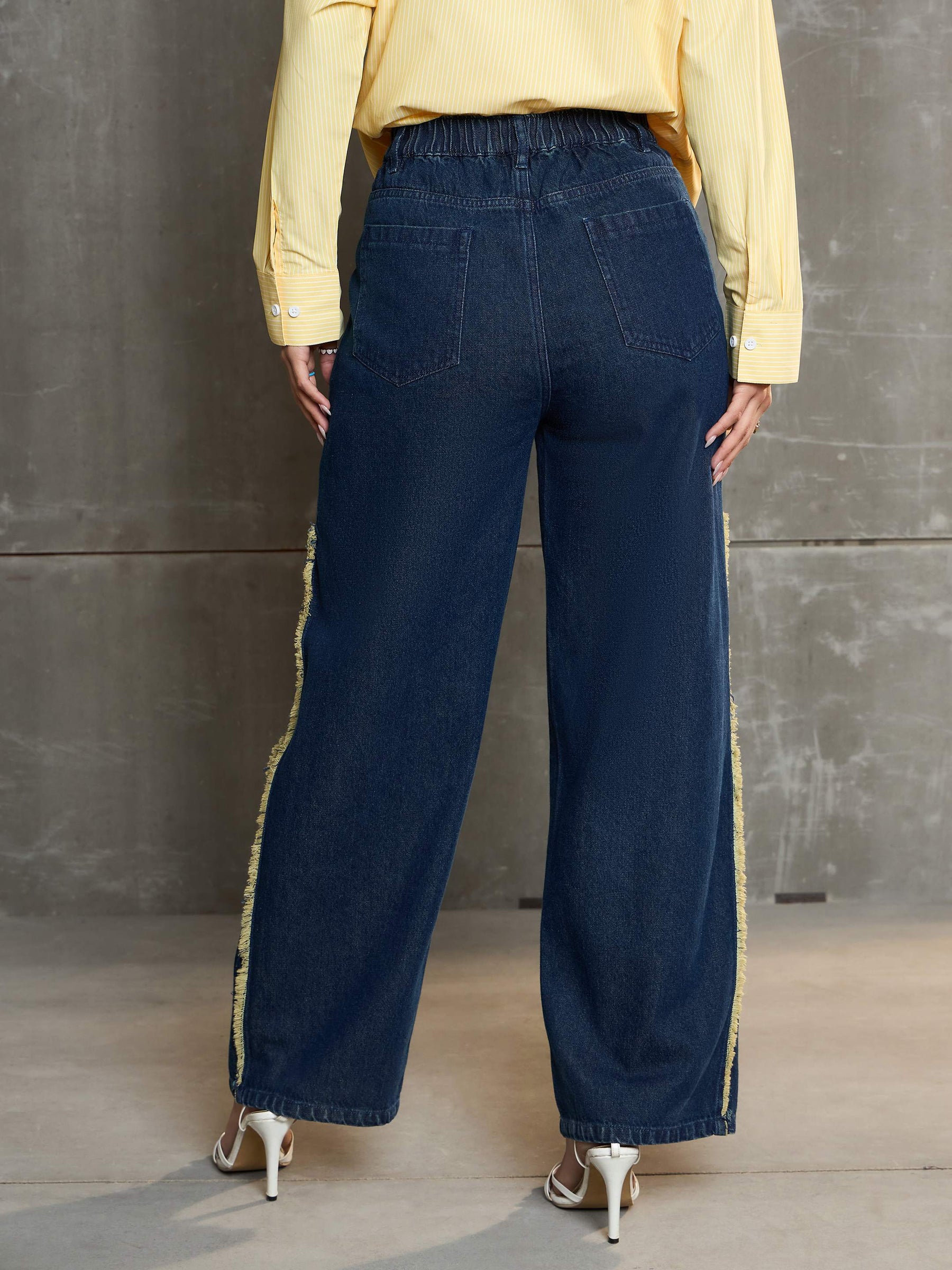 Nevy Blue Fringed Straight Fit Jeans -SASSAFRAS