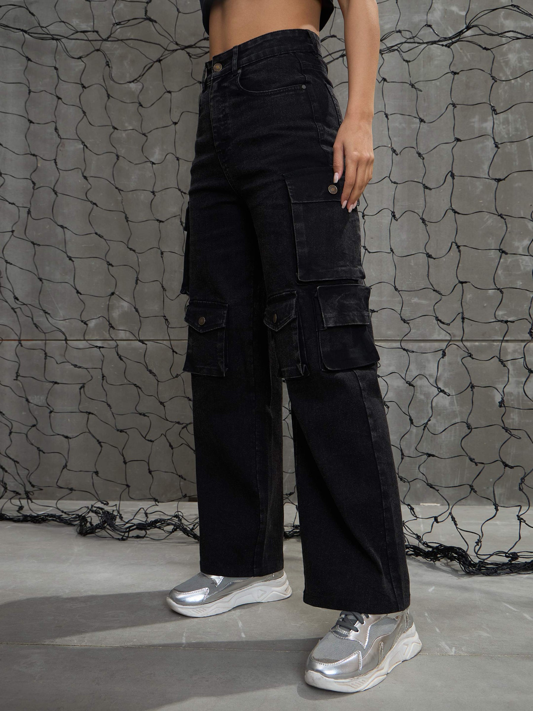 Black Washed Denim Multi Pockets Cargo Jeans -SASSAFRAS