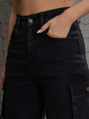 Black Washed Denim Multi Pockets Cargo Jeans -SASSAFRAS