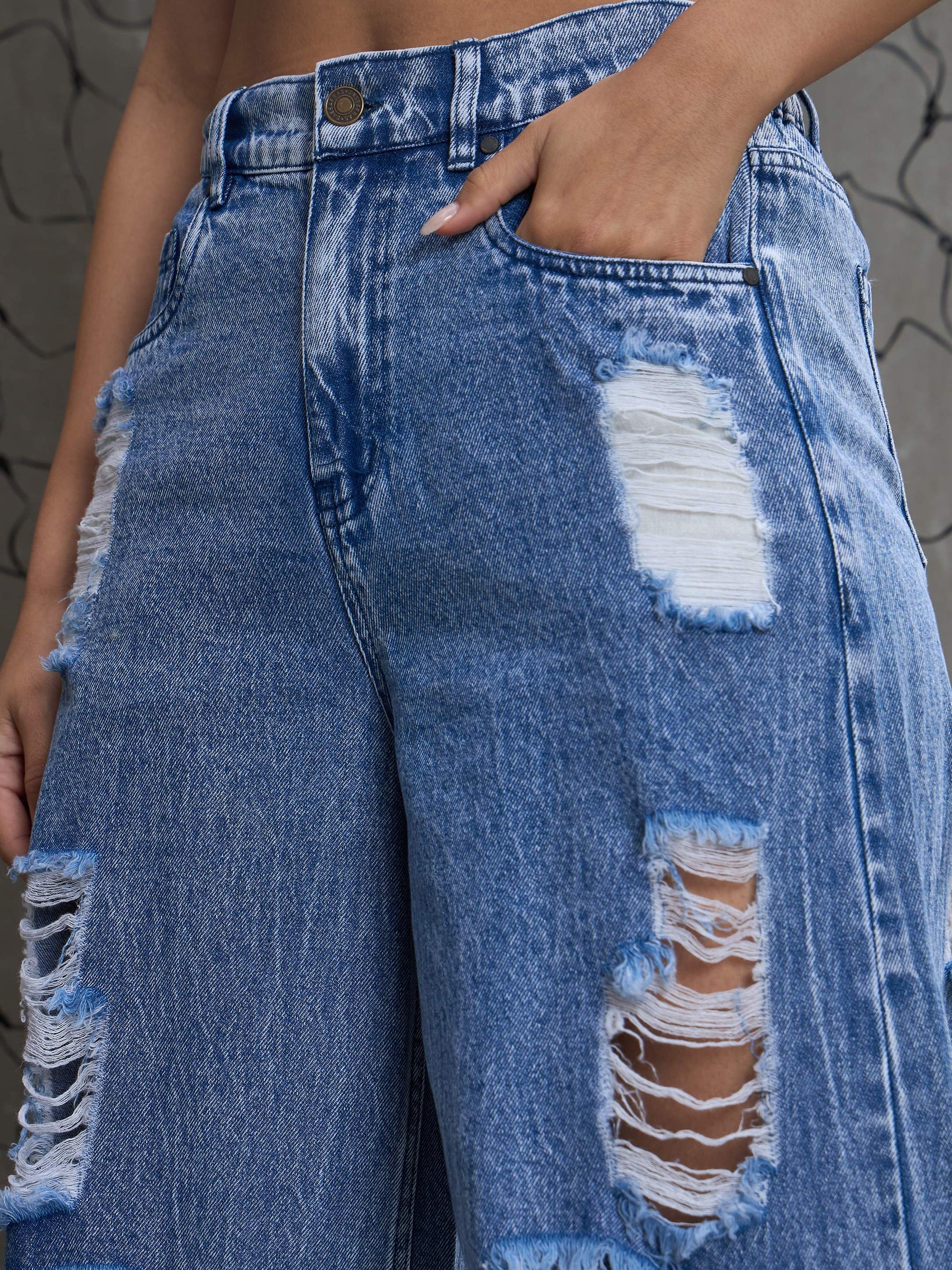 Blue Washed Denim Distressed Jeans-SASSAFRAS