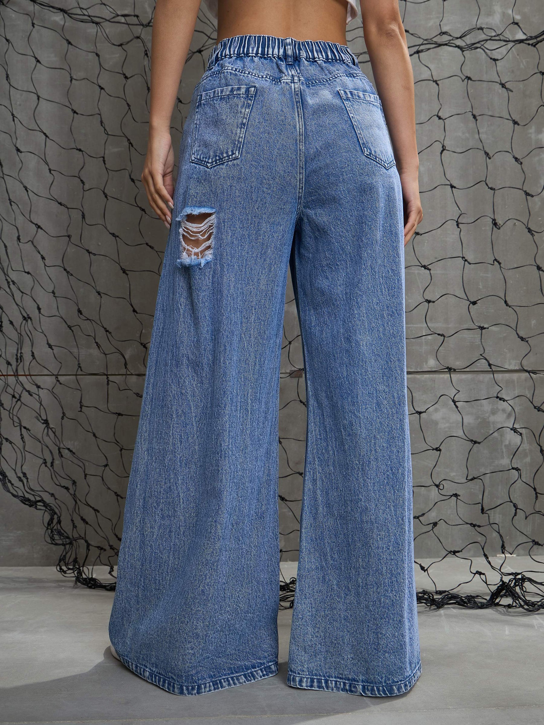 Blue Washed Denim Distressed Jeans-SASSAFRAS