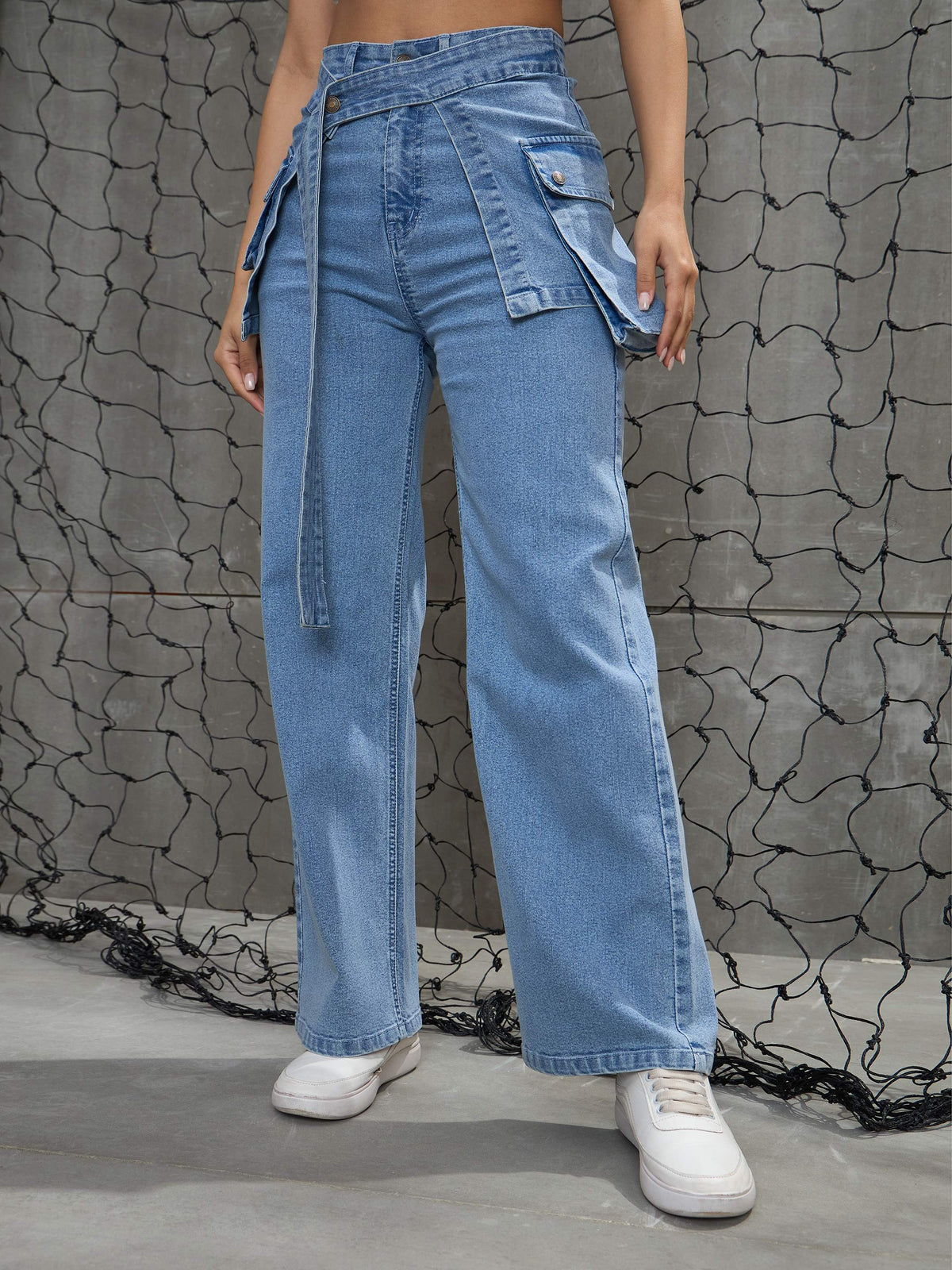 Blue Denim Belted Streight Fit Jeans-SASSAFRAS