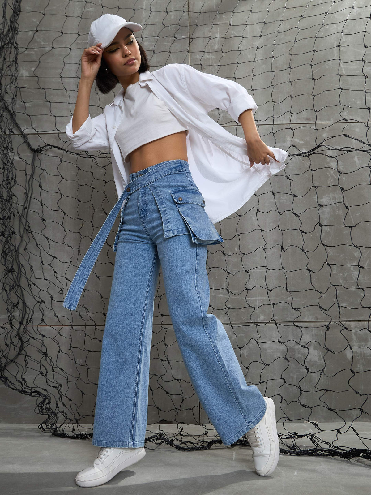 Blue Denim Belted Streight Fit Jeans-SASSAFRAS