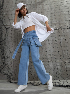 Blue Denim Belted Streight Fit Jeans-SASSAFRAS